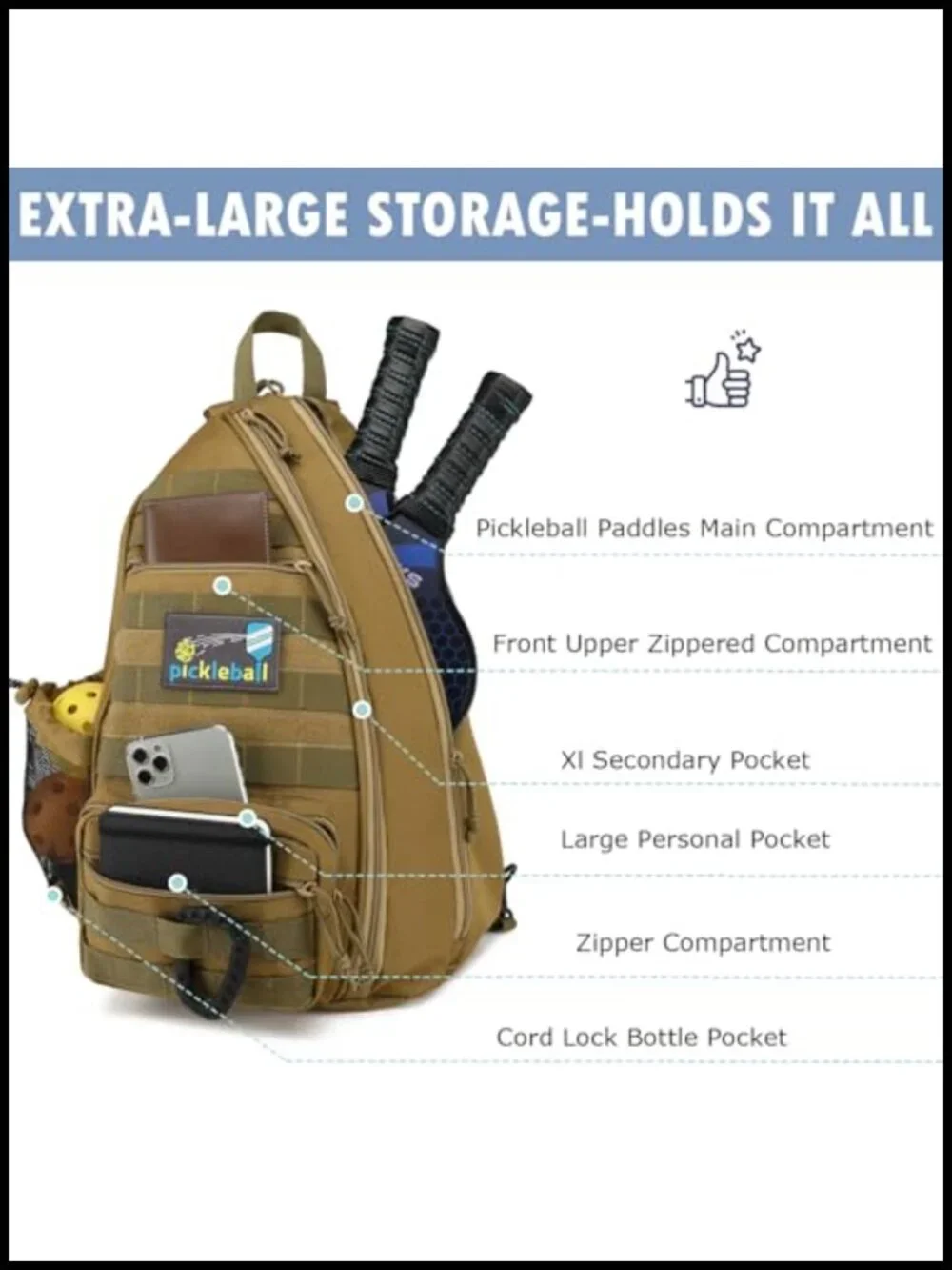 Tactical Pickleball Backpack Sling Bag with Fence Hook Water Bottle Holder 900D
